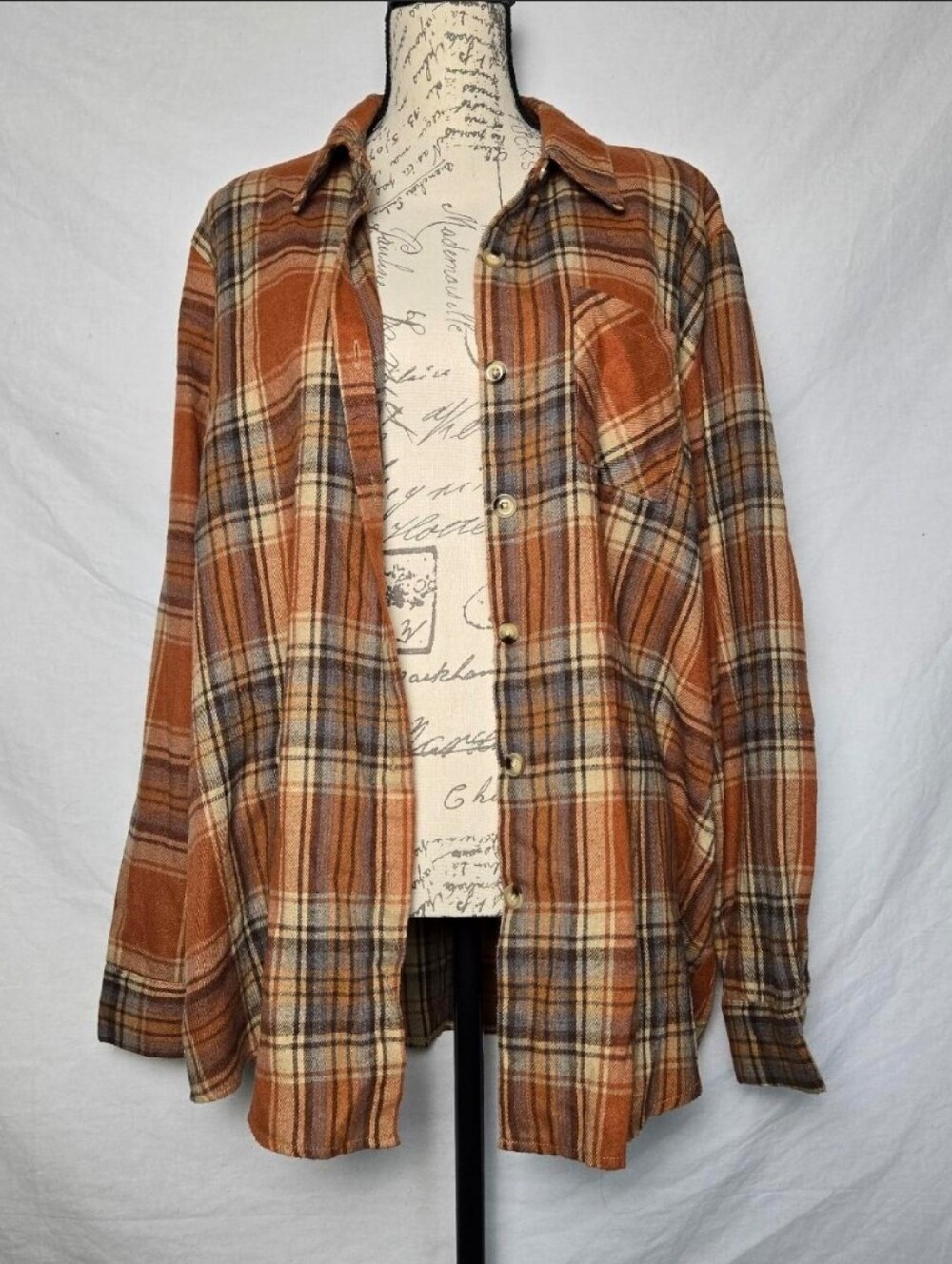 Vintage Style Plaid Flannel Button Down Shirt Orange Brown 2XL